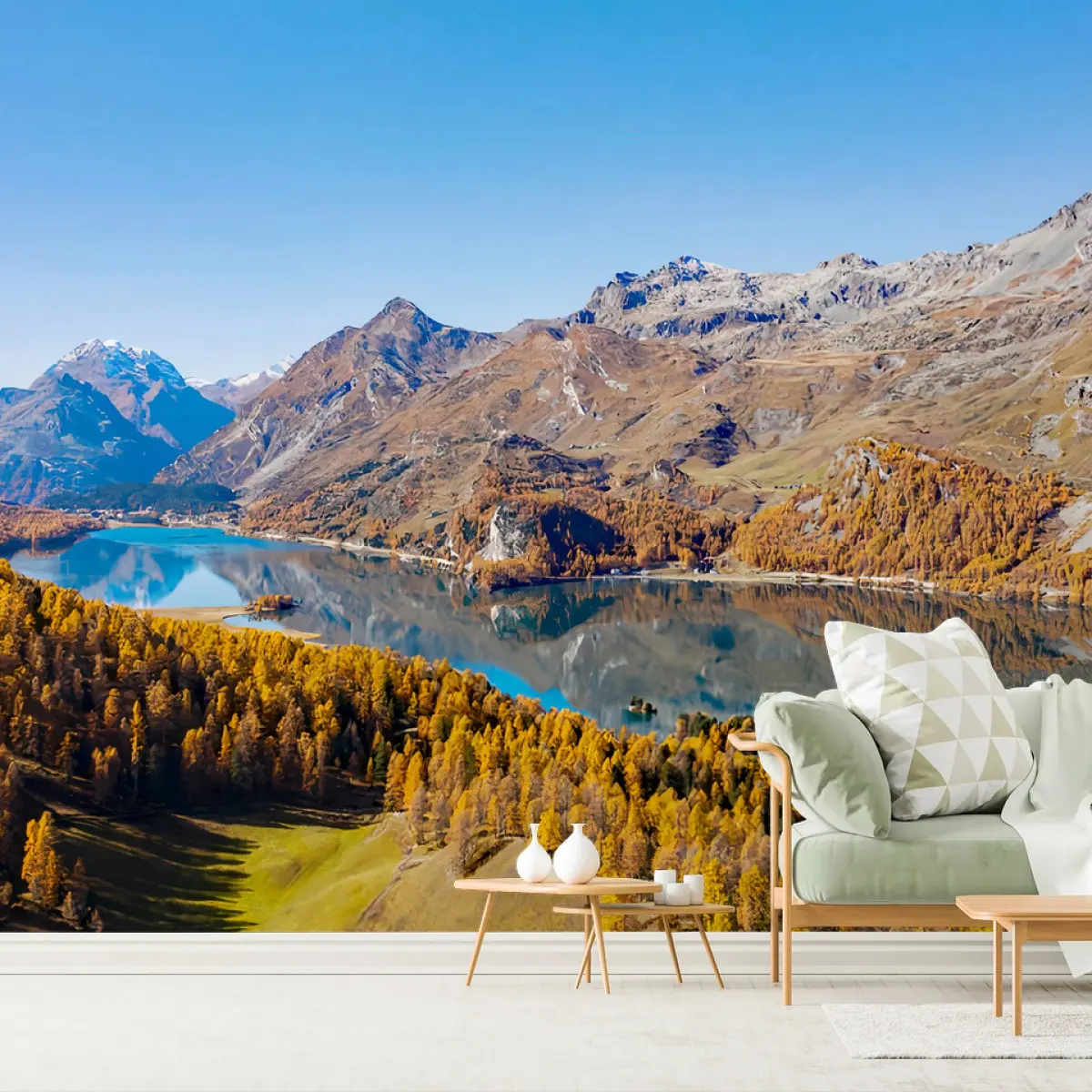 Fototapete BERGE SEE HERBST LANDSCHAFT AUSSICHT FÜR WOHNZIMMER – Pixers®