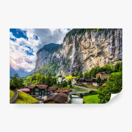 Fototapete SCHWEIZ WASSERFALL ALPEN DORF BERG FÜR WOHNZIMMER – Pixers®