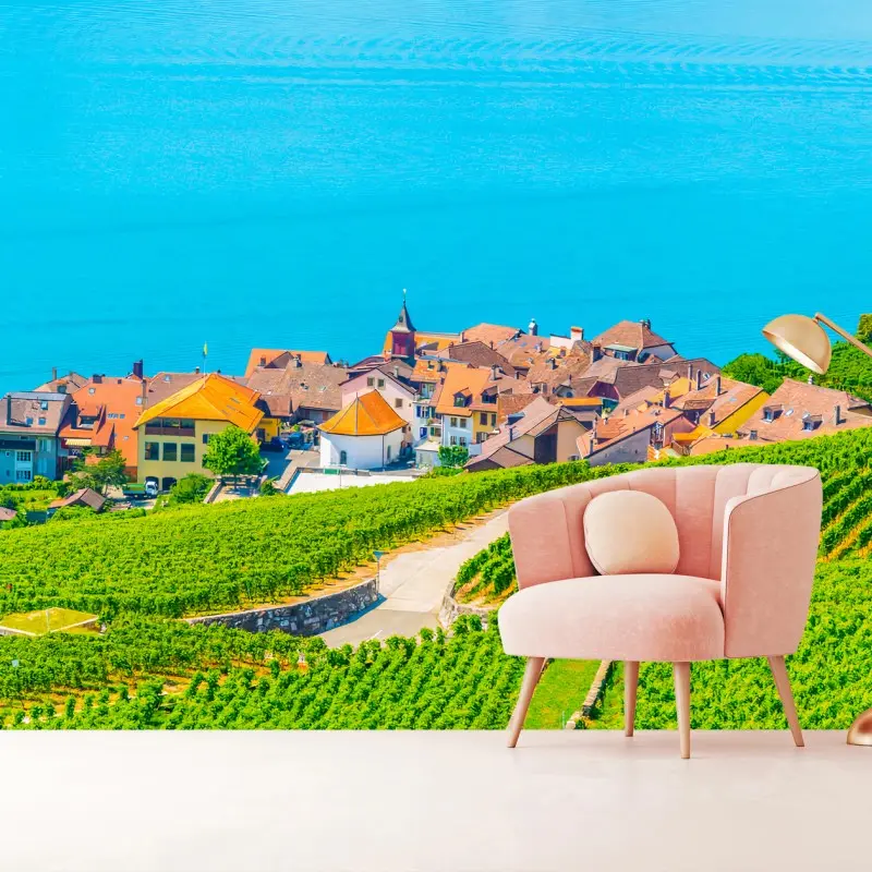 Fototapete WEINBERG SEE DORF LANDSCHAFT GRÜN FÜR WOHNZIMMER