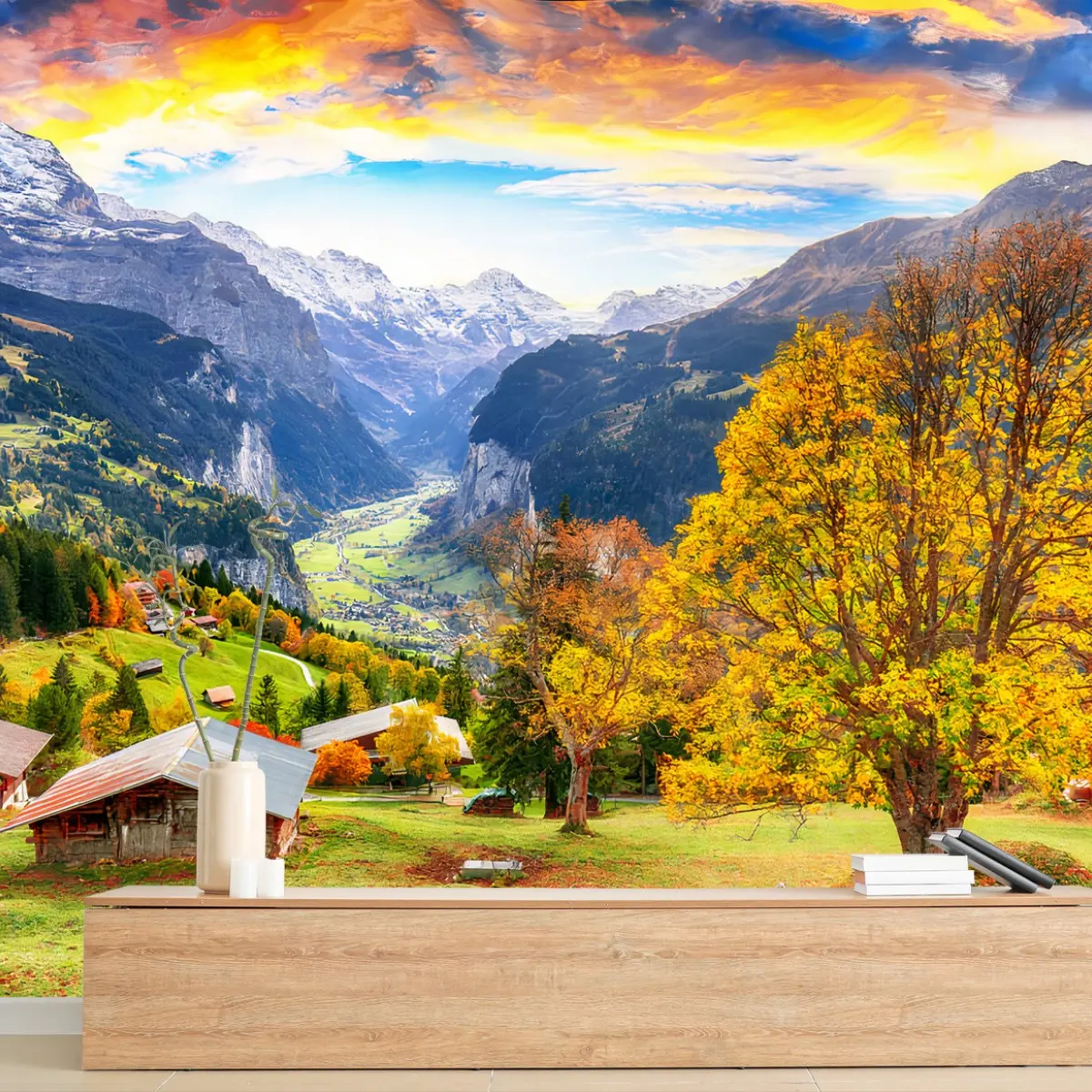 Fototapete ALPEN BERG TAL HERBST DORF FÜR WOHNZIMMER – Pixers®