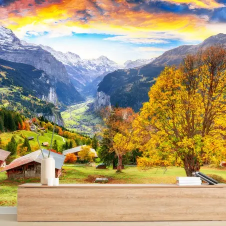 Fototapete ALPEN BERG TAL HERBST DORF FÜR WOHNZIMMER – Pixers®