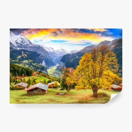 Fototapete ALPEN BERG TAL HERBST DORF FÜR WOHNZIMMER – Pixers®