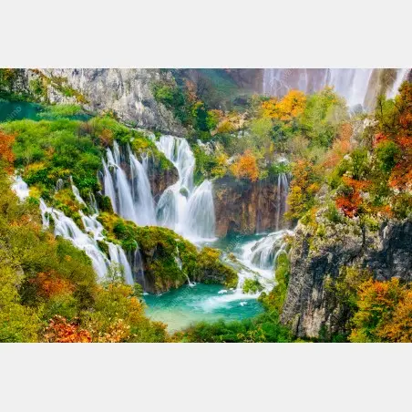 Fensteraufkleber türkisfarbener wasserfall im herbst – Pixers®