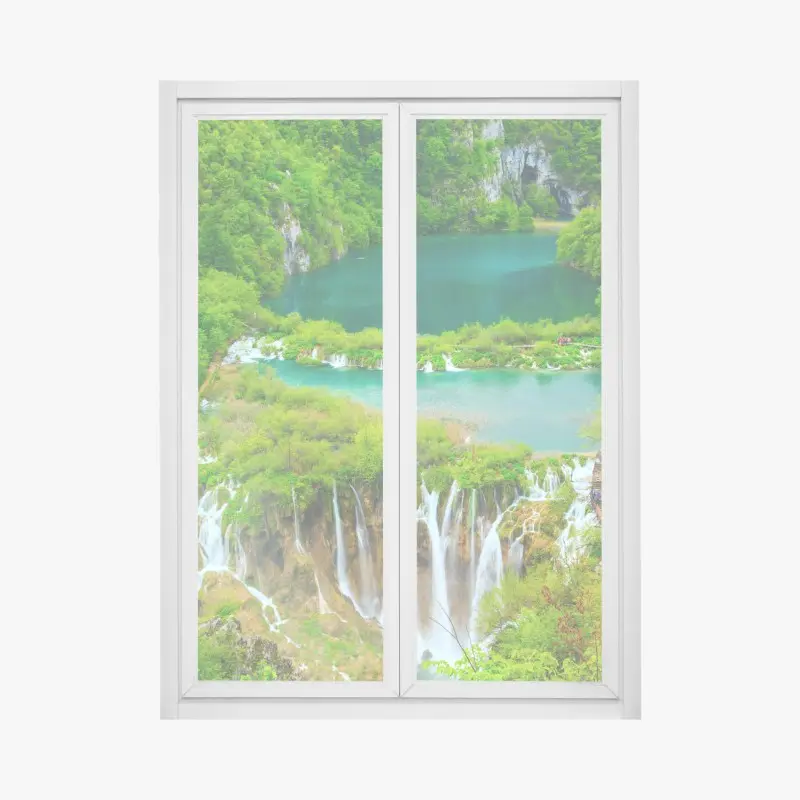 Fensteraufkleber üppiger wasserfall und türkise seen