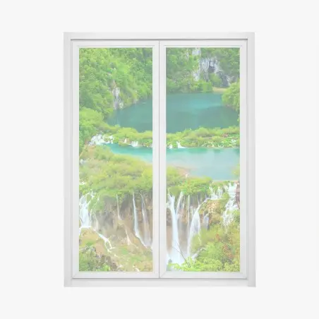 Fensteraufkleber üppiger wasserfall und türkise seen – Pixers®