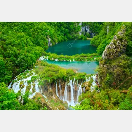 Fensteraufkleber üppiger wasserfall und türkise seen – Pixers®
