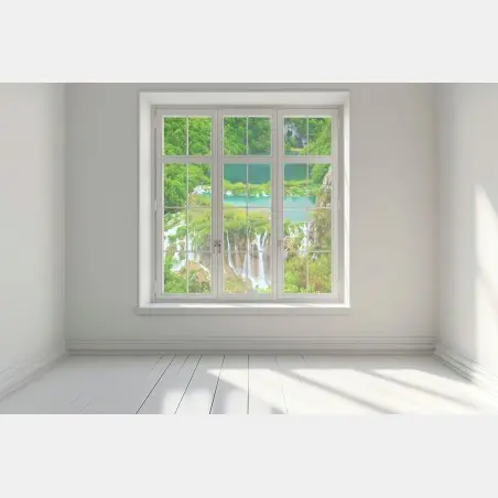 Fensteraufkleber üppiger wasserfall und türkise seen – Pixers®