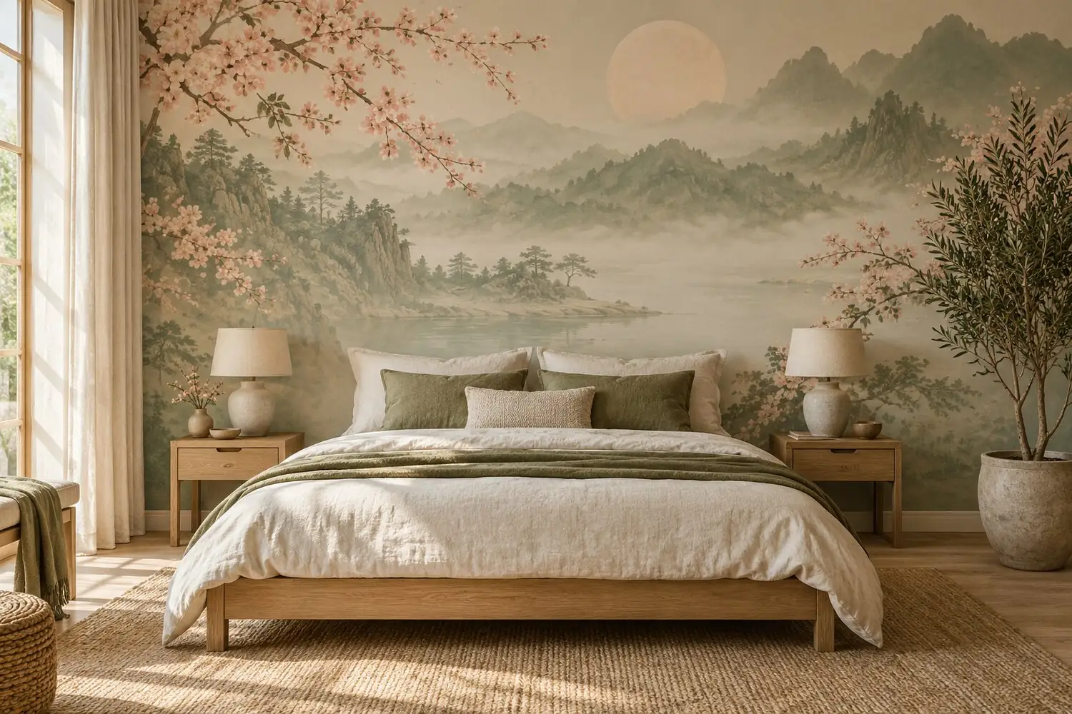 Schlafzimmer mit Fototapete: Berglandschaft im Nebel mit Kirschblütenzweigen hinter dem Bett