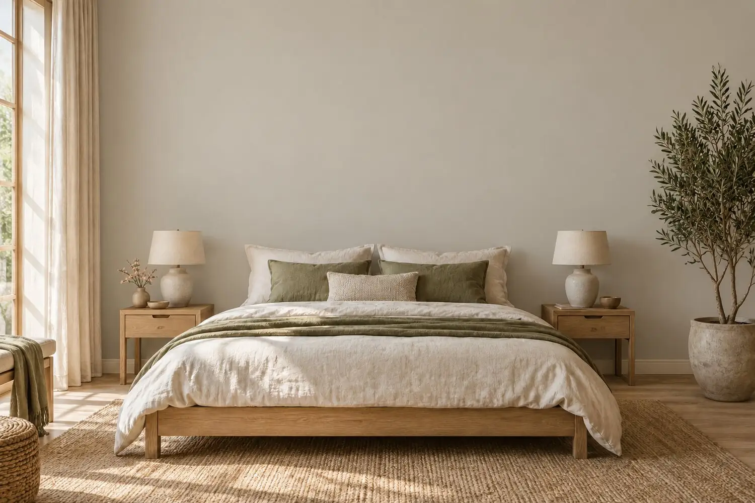 Dasselbe Schlafzimmer vorher, mit einer leeren hellgrauen Wand hinter dem Bett