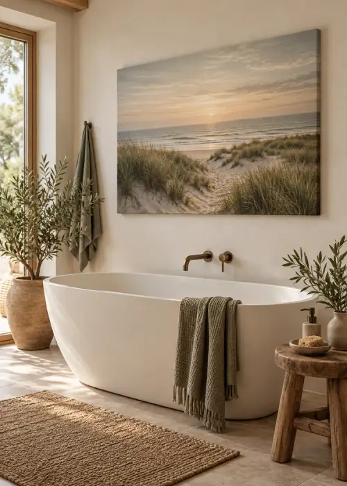 Badezimmer mit Leinwandbild: Dünen am Meer über der Badewanne
