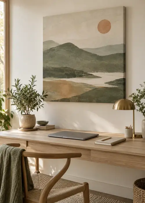 Arbeitszimmer mit Leinwandbild: Berglandschaft mit Sonne über dem Schreibtisch
