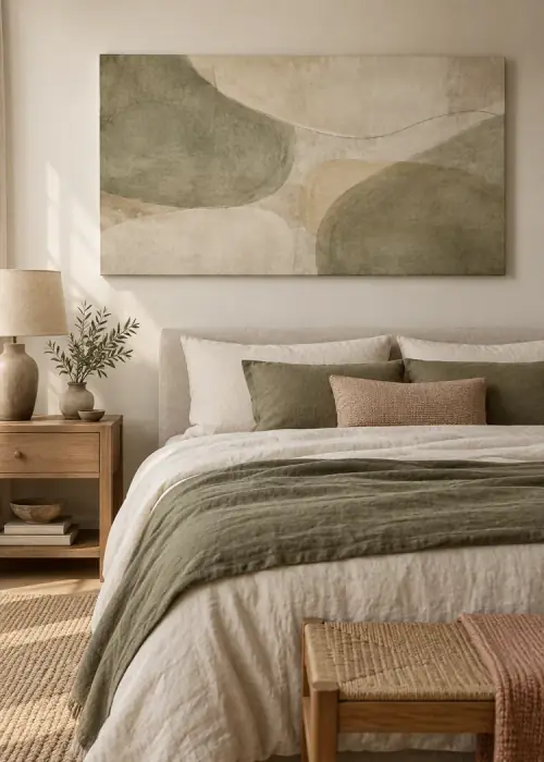 Schlafzimmer mit abstraktem Leinwandbild in Salbeigrün und Beige über dem Bett