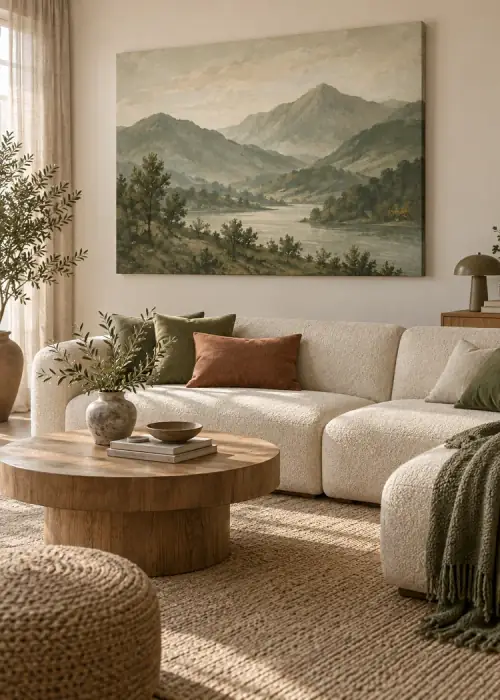Wohnzimmer mit Leinwandbild: grüne Hügellandschaft über einem hellen Sofa