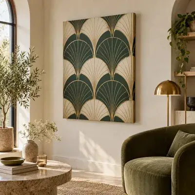 Leinwandbild im Art-déco-Stil: grüne Fächer mit goldenen Linien