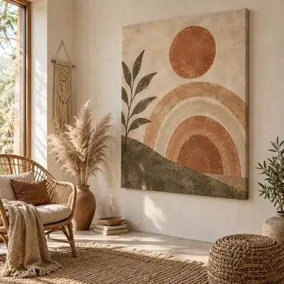 Leinwandbild im Boho-Stil: Sonne und Bögen in Terrakotta mit Pampasgras