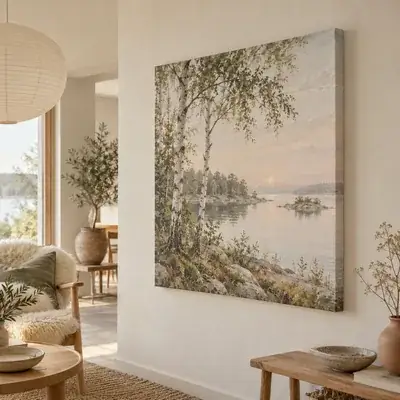 Leinwandbild im skandinavischen Stil: Birken an einem See
