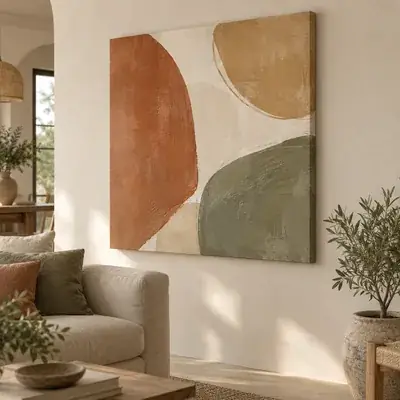 Abstraktes Leinwandbild mit Bögen in Terrakotta, Ocker und Olivgrün über einem Sofa