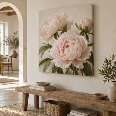 Leinwandbild mit rosa Pfingstrosen über einem Holztisch