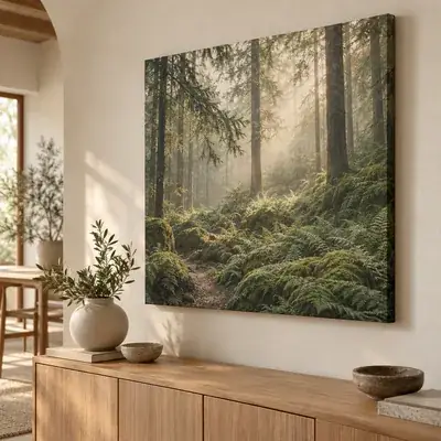 Leinwandbild mit einem Wald im Morgennebel über einer Holzkommode