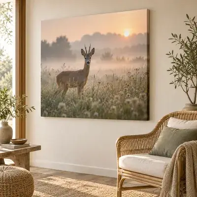 Leinwandbild mit einem Reh auf einer Wiese im Abendlicht über einem Rattansessel