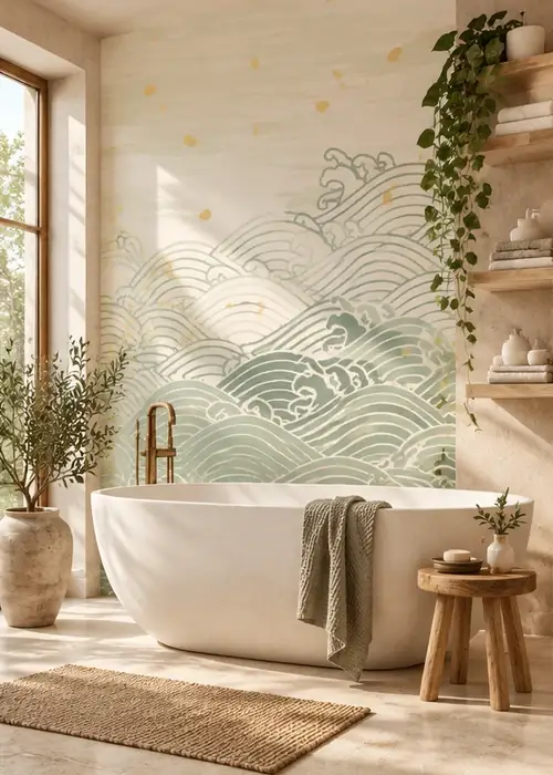 Badezimmer mit Fototapete: Wellenlinien in Salbeigrün