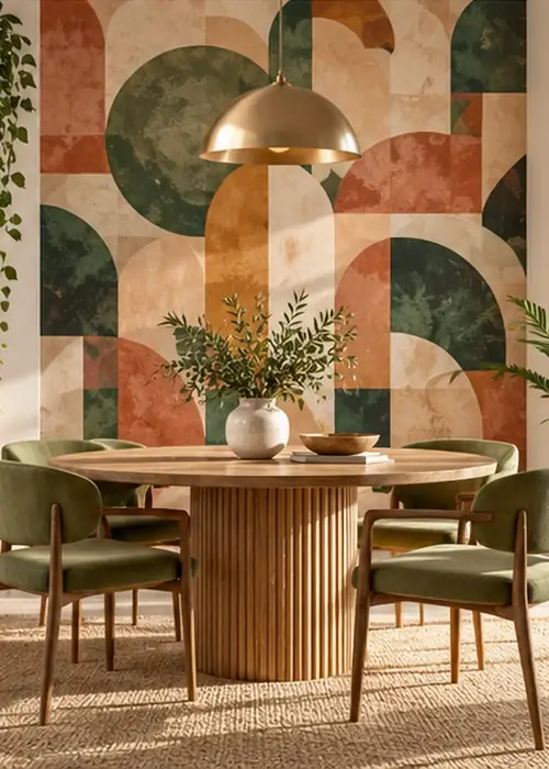 Esszimmer mit Fototapete: geometrische Formen in Terrakotta und Grün