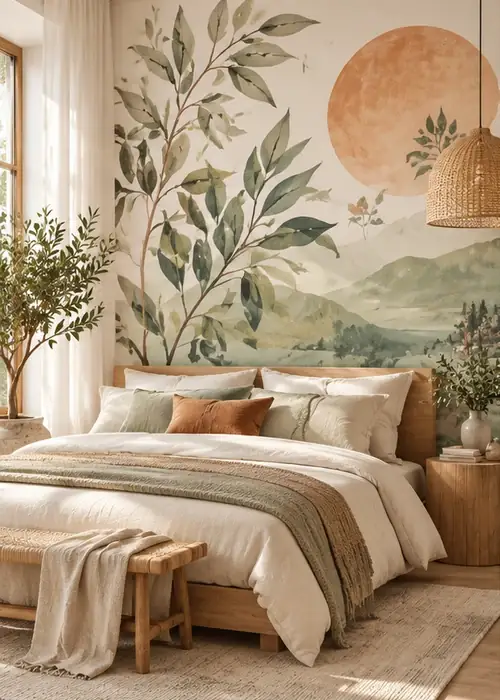 Schlafzimmer mit Fototapete: Olivenzweige vor der Abendsonne