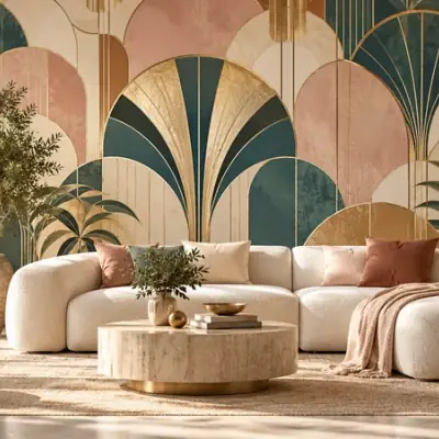 Fototapete im Art-déco-Stil: Fächer in Rosé, Grün und Gold