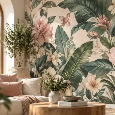 Fototapete im modernen Stil: tropische Blüten und Blätter