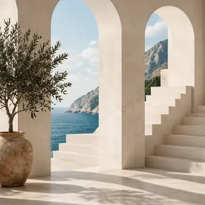 Fototapete mit weißen Bögen und einer Treppe am Meer