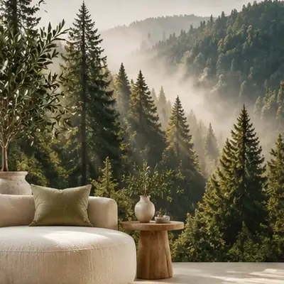 Fototapete mit Nadelwald im Nebel hinter einem Sofa