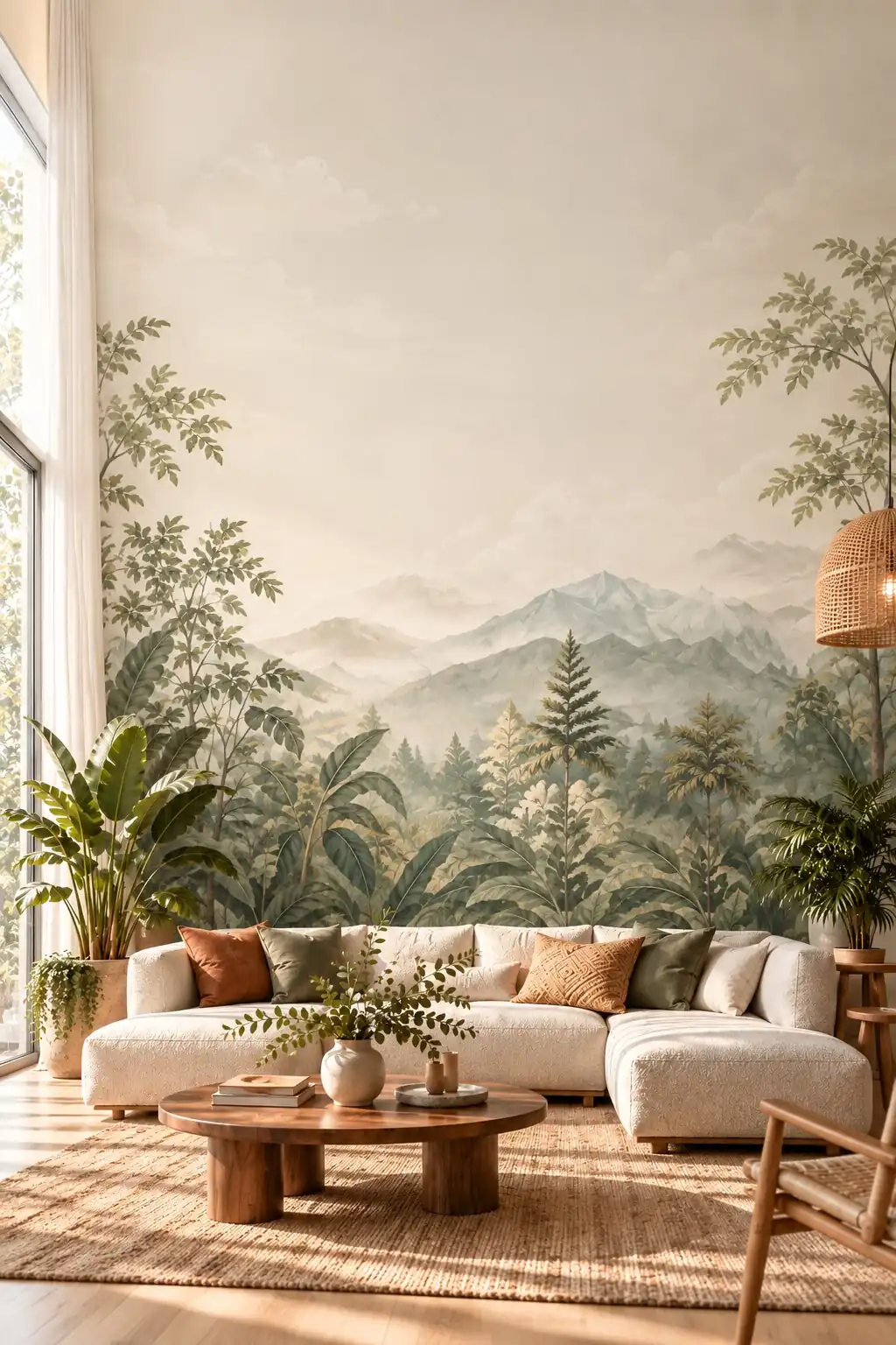 Helles Wohnzimmer mit Fototapete: grüne Berglandschaft mit Bäumen hinter einem cremefarbenen Sofa