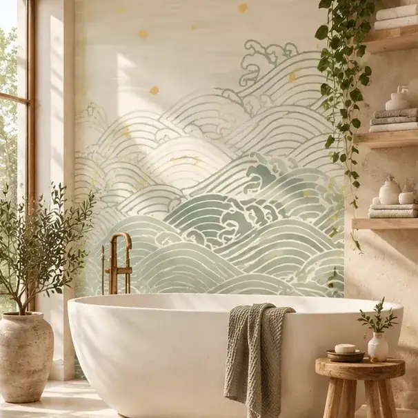 Badezimmer mit Fototapete: japanische Wellen in Salbeigrün hinter der Badewanne
