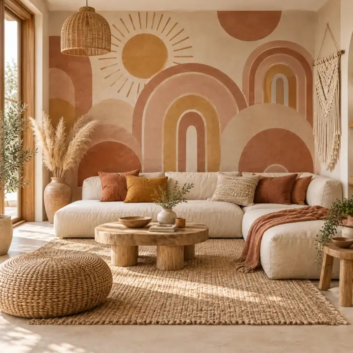Boho-Wohnzimmer mit Fototapete: Bögen und Sonnen in Terrakotta und Senfgelb
