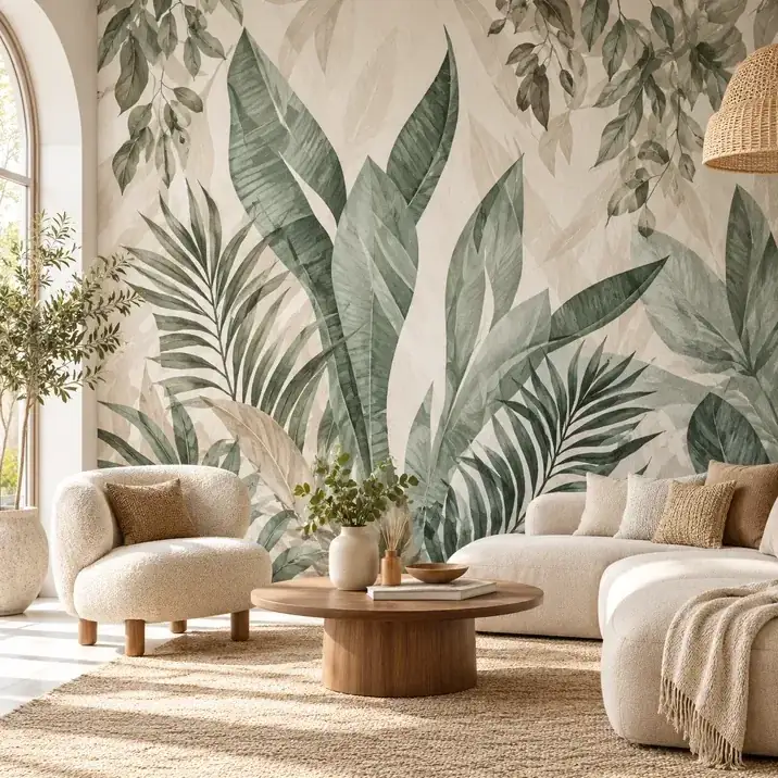 Wohnzimmer mit Fototapete: große Blätter in Salbeigrün hinter einem Sofa