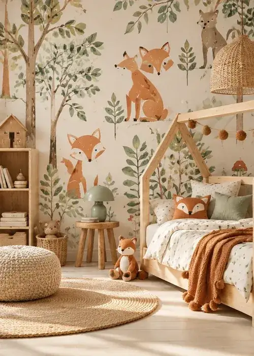 Kinderzimmer mit Fototapete: Füchse zwischen Bäumen hinter einem Hausbett