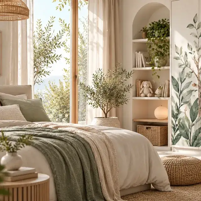 Helles Schlafzimmer im skandinavischen Stil mit Blättermotiv an der Wand