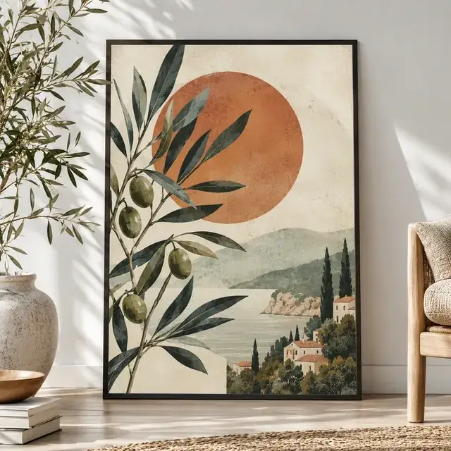 Gerahmtes Poster mit Olivenzweig und Sonne über einer Küstenlandschaft