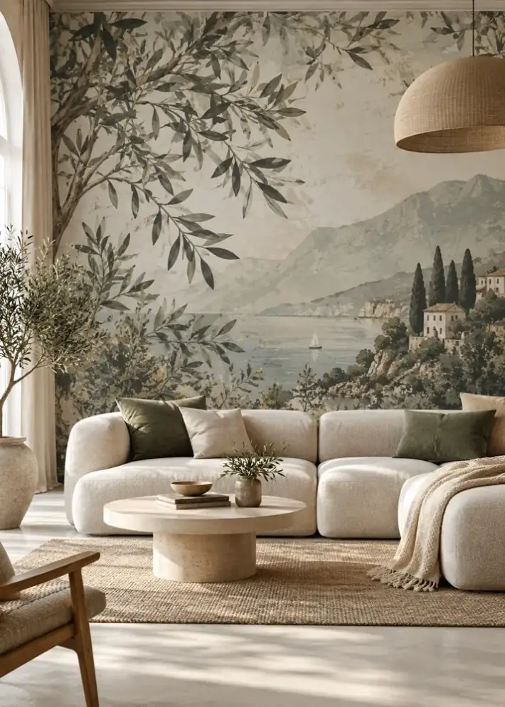 Wohnzimmer mit Fototapete: mediterrane Küste mit Zypressen und Olivenzweigen hinter einem hellen Sofa