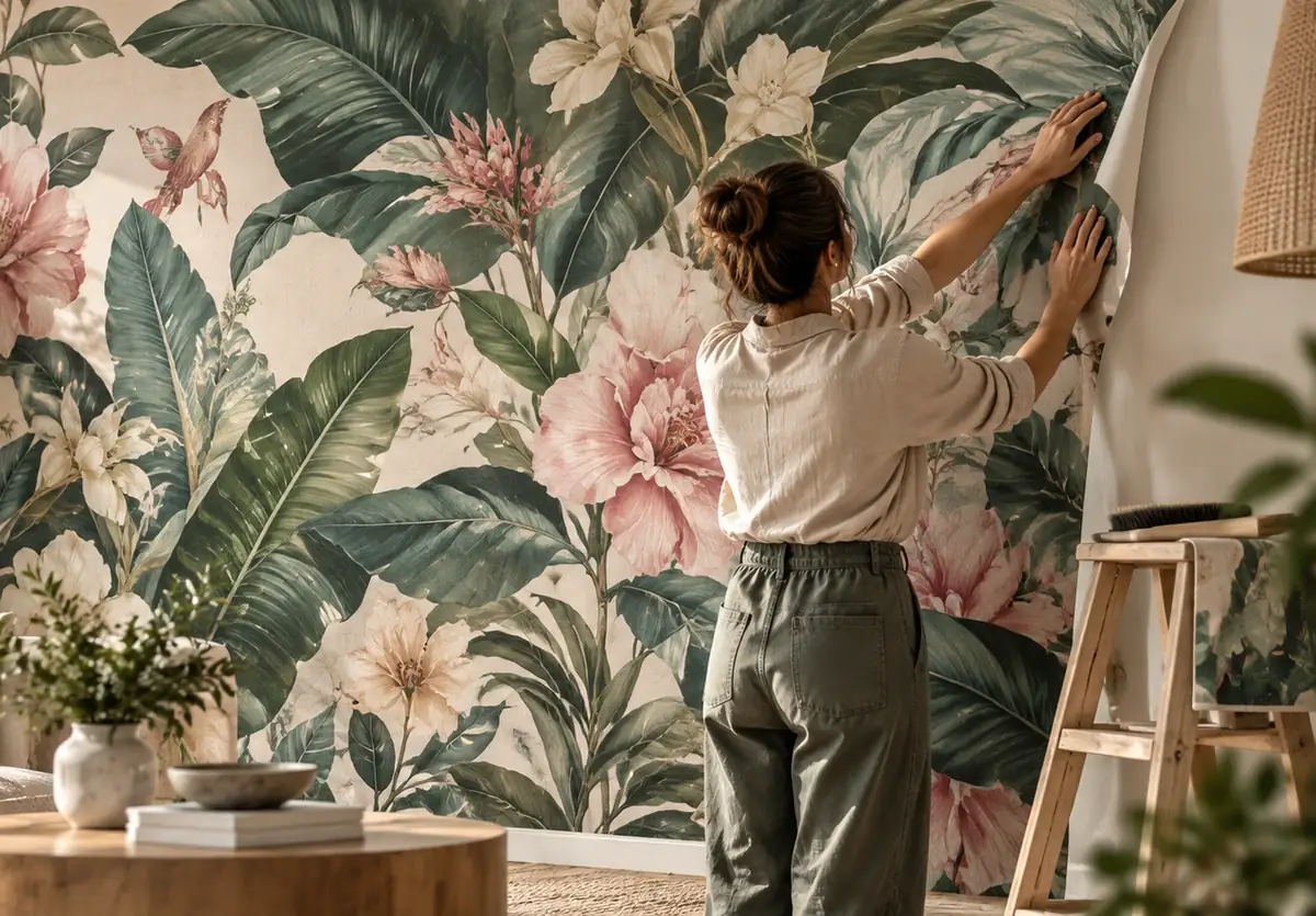 Frau bringt eine Fototapete mit großen Blättern und rosa Blüten an der Wand an