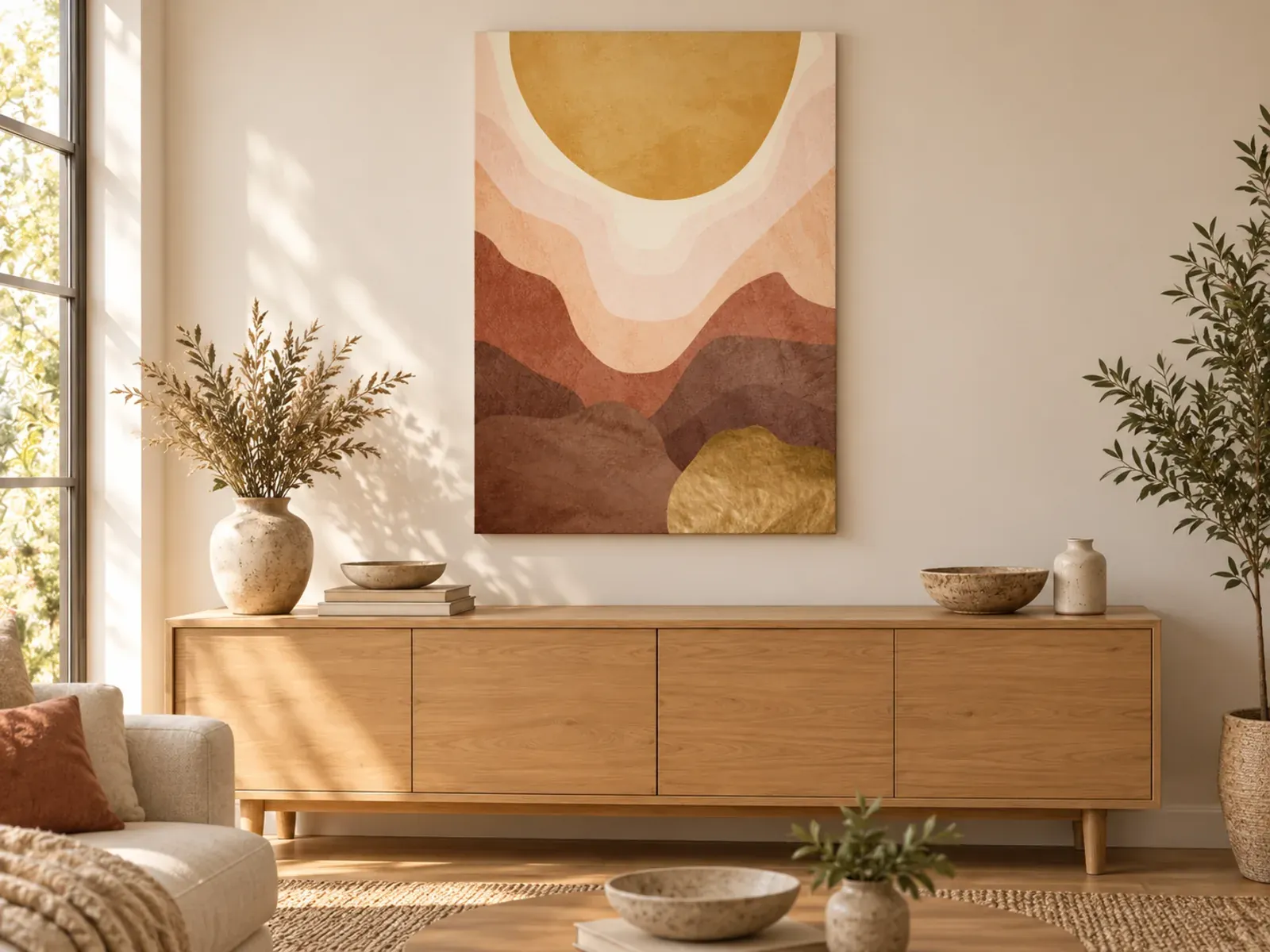 Leinwandbild „Goldene Sonne über Terrakottahügeln“ über einem Sideboard