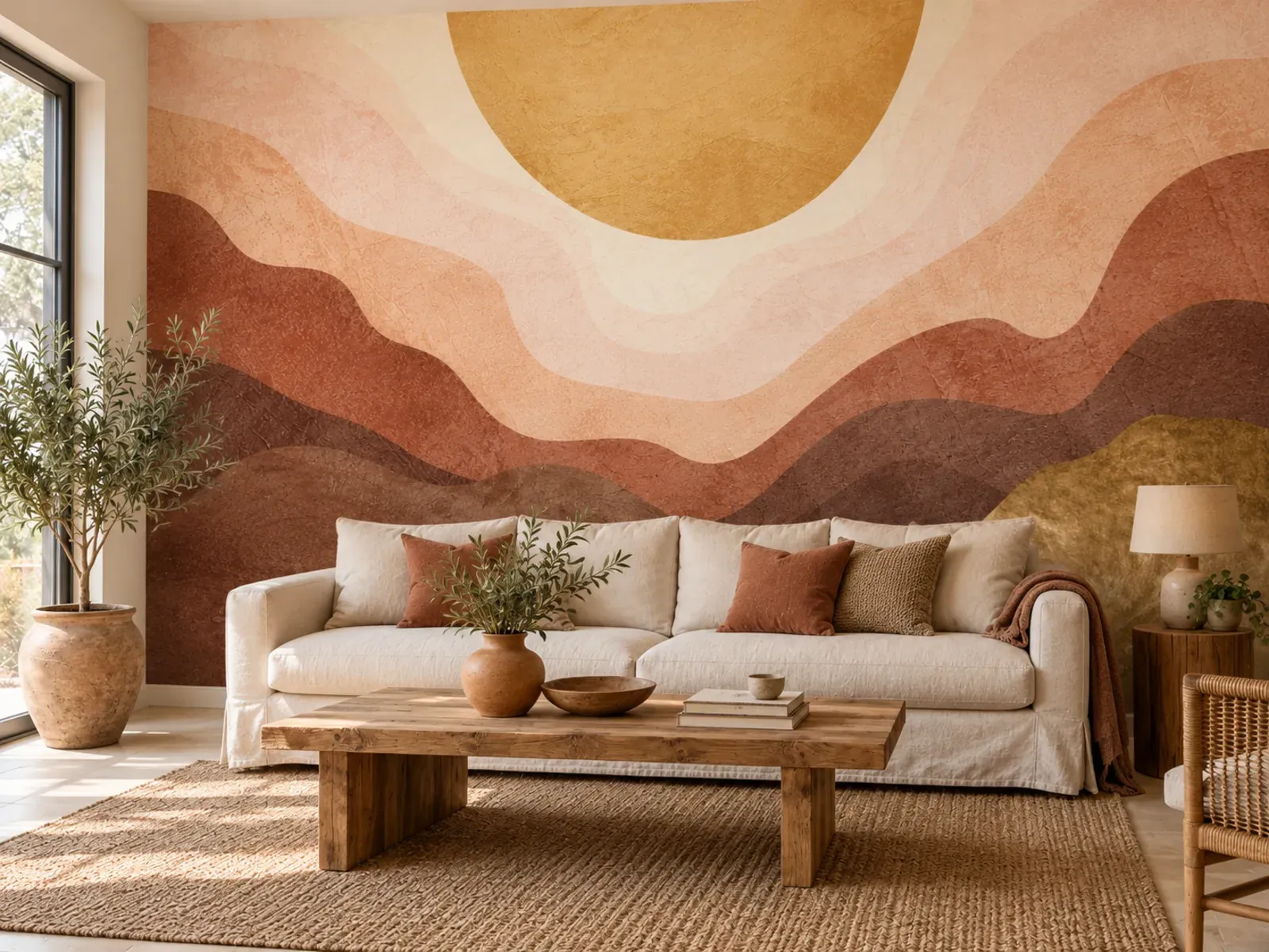 Fototapete „Goldene Sonne über Terrakottahügeln“ im Wohnzimmer hinter einem Leinensofa