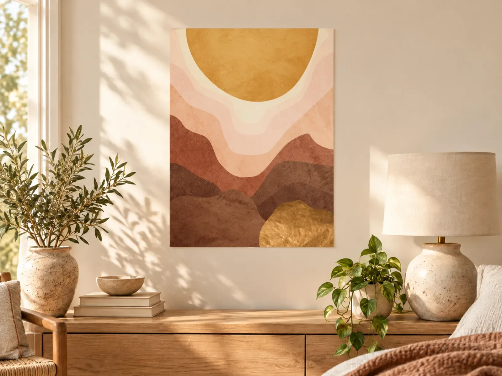 Poster „Goldene Sonne über Terrakottahügeln“ an der Wand über einer Kommode