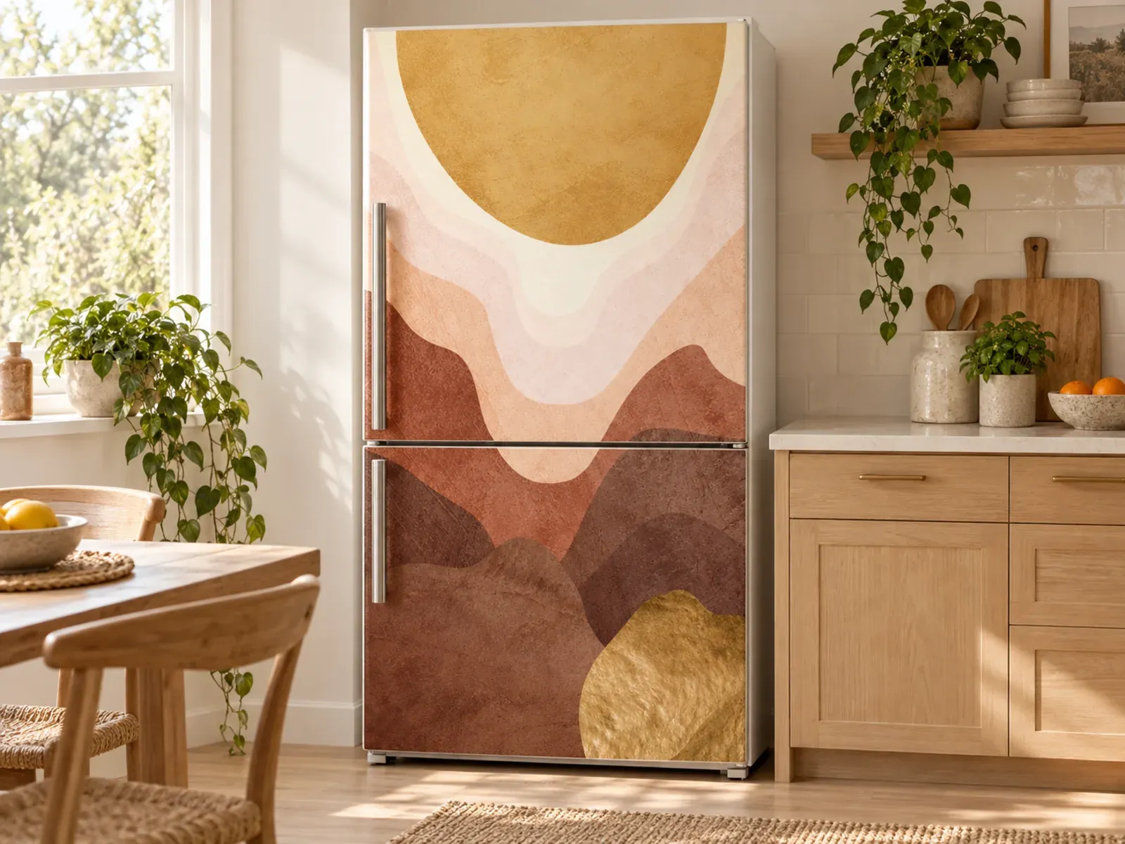 Kühlschrank in der Küche mit dem Aufkleber „Goldene Sonne über Terrakottahügeln“