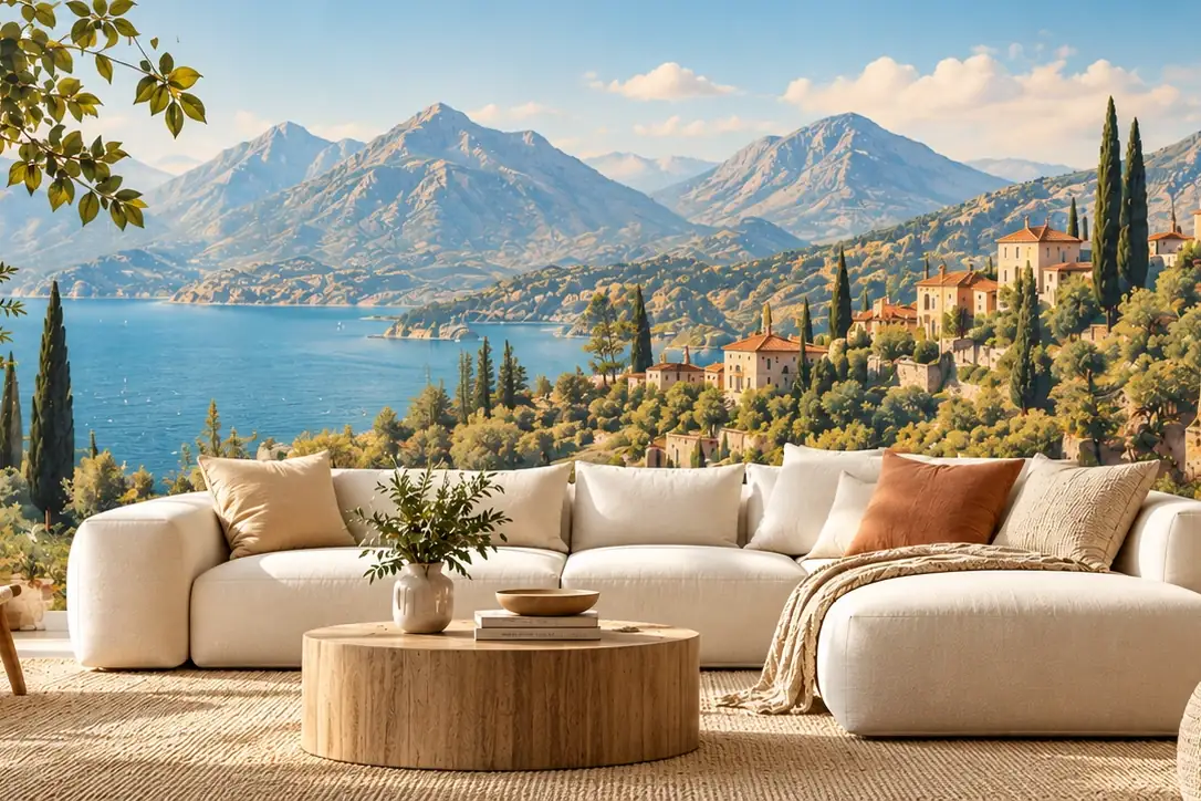 Wohnzimmer mit Fototapete: mediterrane Küste mit Bergen, Meer und Zypressen hinter einem hellen Sofa