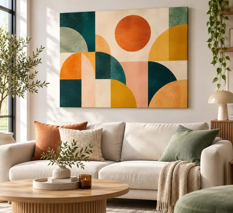 Abstraktes Leinwandbild in Orange, Grün und Rosa über einem Sofa