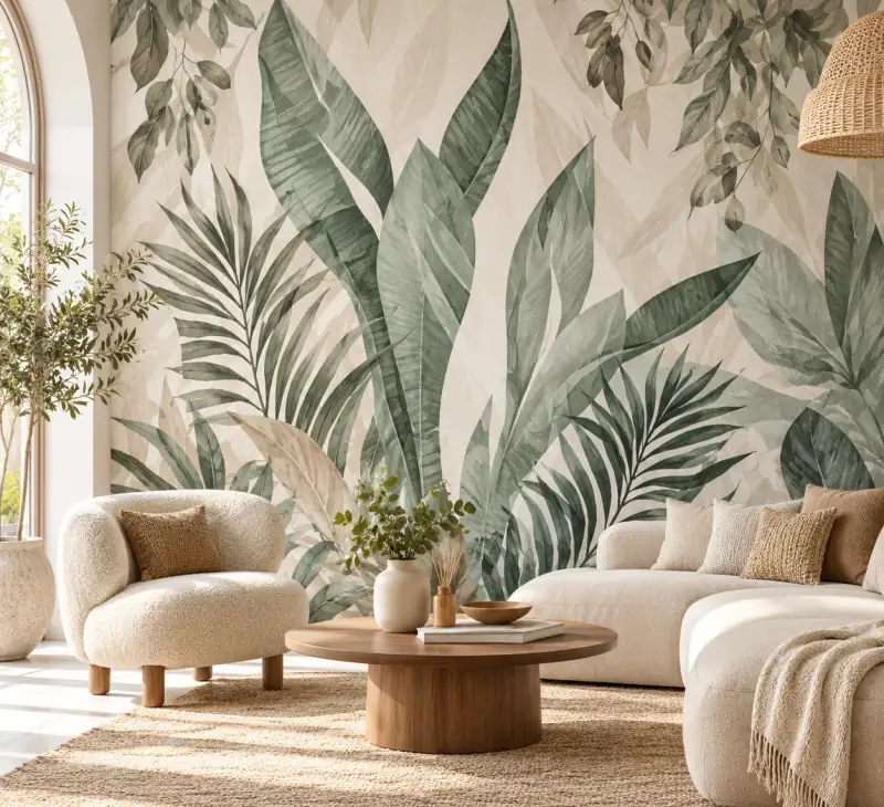 Wohnzimmer mit Fototapete aus großen Palmenblättern hinter einem hellen Sofa