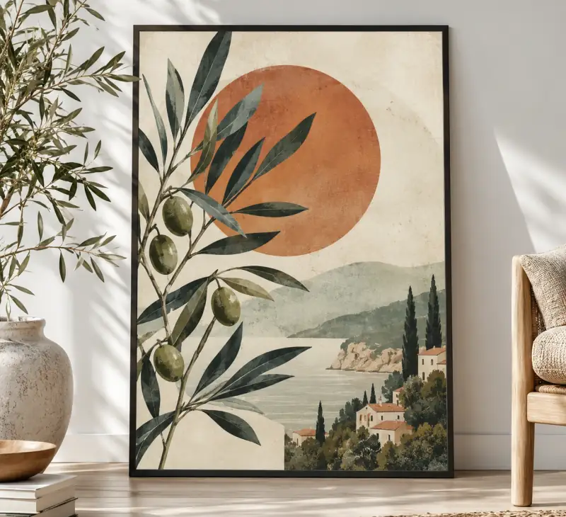 Gerahmtes Poster mit Olivenzweig und Küstenlandschaft