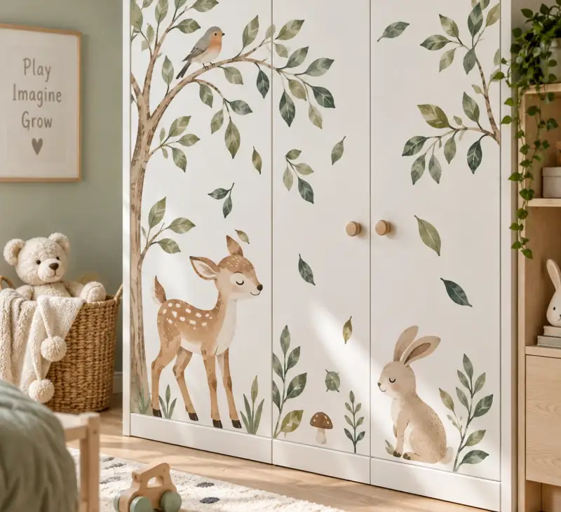 Kleiderschrank mit Aufklebern: Reh, Hase und Bäume im Kinderzimmer