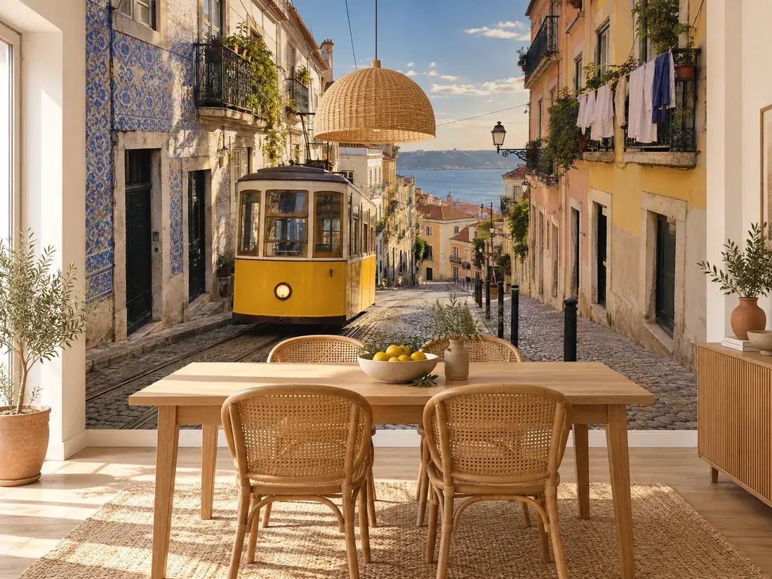 Esszimmer mit Fototapete aus einem Urlaubsfoto